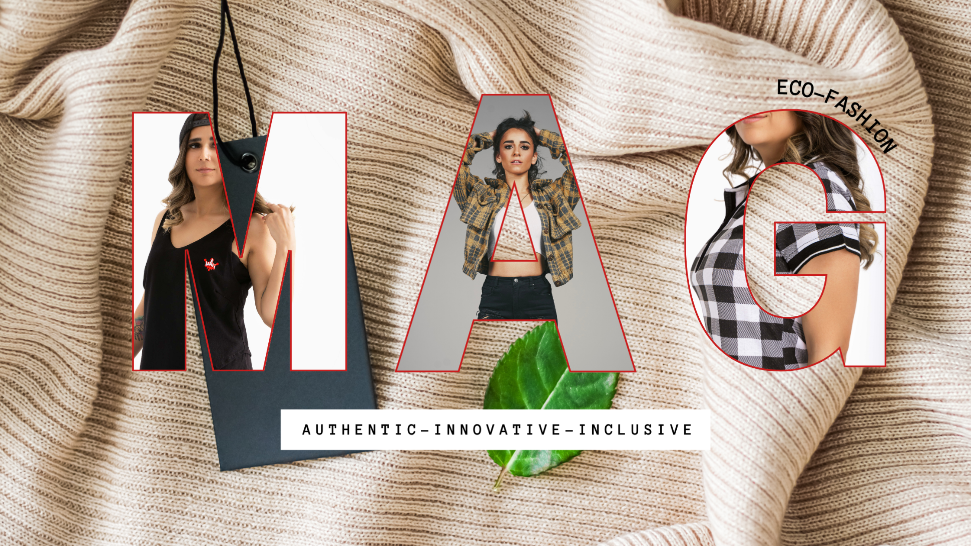 Eco-fashion brand with text and images of women wearing clothing on a textured fabric background.
