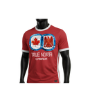Red t-shirt with Canadian-themed design on a mannequin against a white background