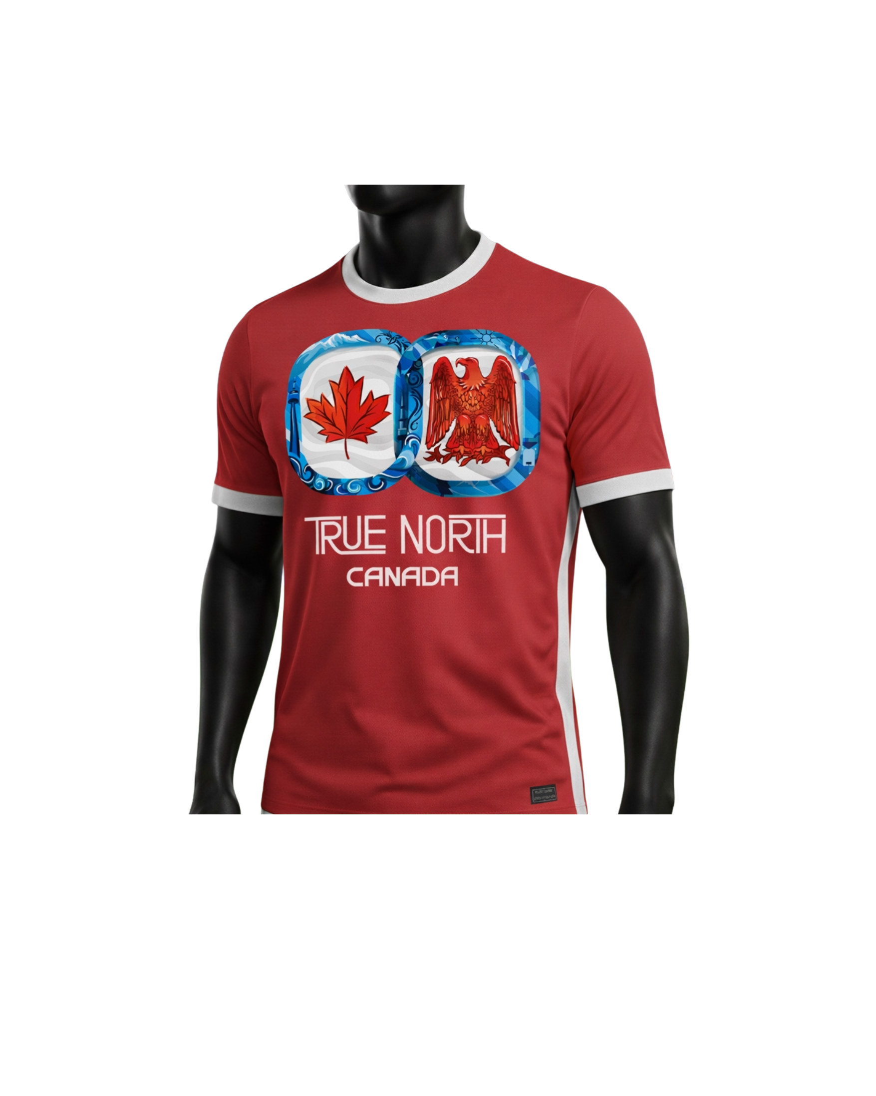 Red t-shirt with Canadian-themed design on a mannequin against a white background