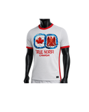 White t-shirt with red and blue design featuring a maple leaf and eagle, labeled 'True North Canada' on a mannequin against a white background.