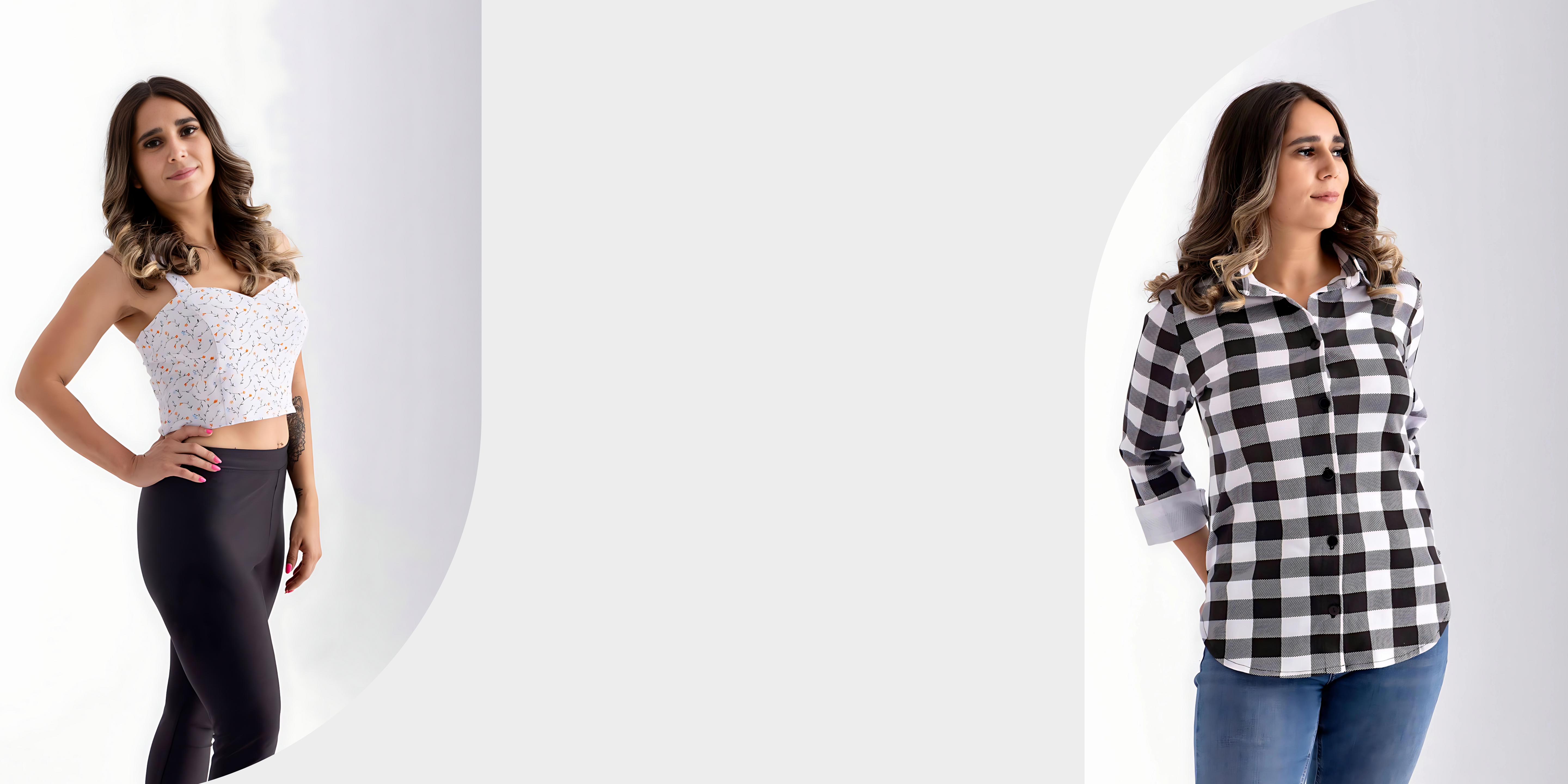 "Discover effortless style with our latest collection – where classic meets chic. Featuring a versatile checkered button-up shirt and a trendy floral bustier crop top, this collection celebrates timeless patterns and bold, modern designs. Perfect for any occasion, these pieces offer both comfort and sophistication."