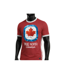 Red t-shirt with a maple leaf design and 'True North' text on a mannequin against a white background