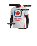 White sports jersey with red and blue accents featuring a maple leaf design on a white background.