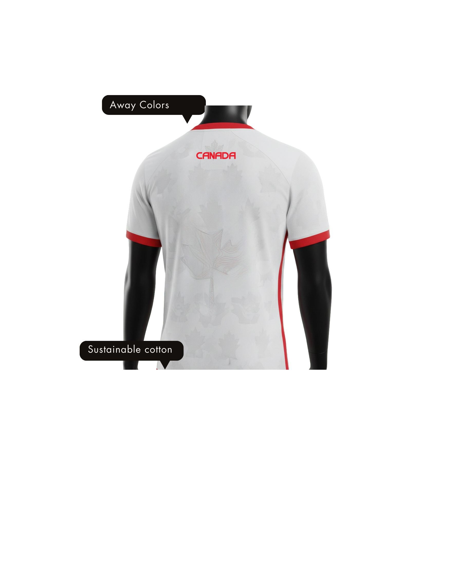 White sports jersey with red accents and 'Canada' branding on a white background