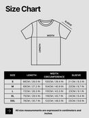 T-shirt size chart with measurements in centimeters and inches