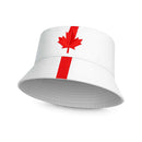 White bucket hat with a red maple leaf design on a white background